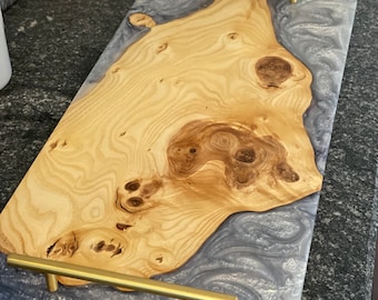 Large Live-Edge Ash Wood & Colored Epoxy Serving/Charcuterie Board w/ Handles