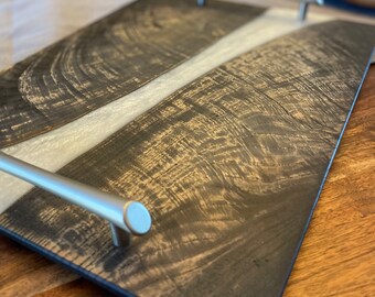 Live-Edge Rare Ash - Fade Tinted & White Pearl Epoxy Serving/Charcuterie Board w/ Handles