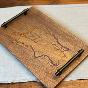 Fractal Burn Serving Board w/ Handles and Purple + Orange Resin Fill