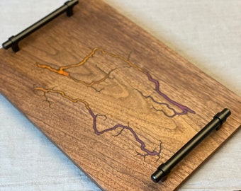 Fractal Burn Serving Board w/ Handles and Purple + Orange Resin Fill