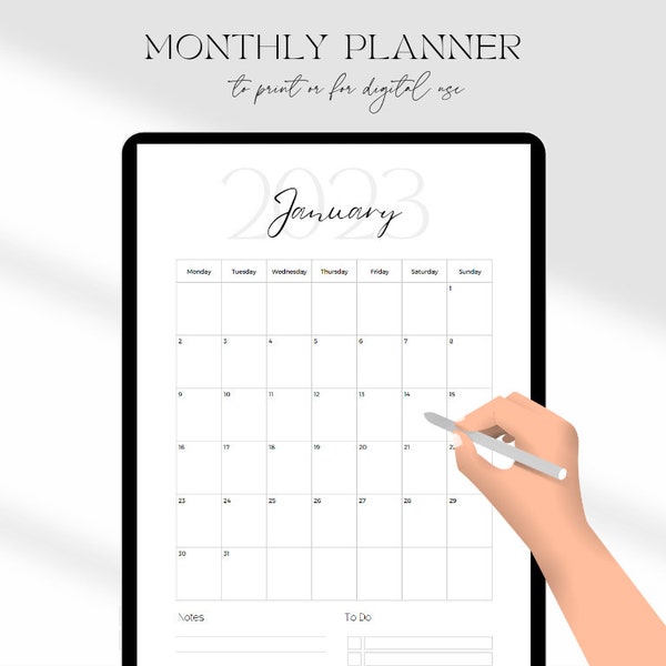 Monthly Planner Year 2023 Calendar for Women, Men, Business Woman, Entrepreneurs, Minimal, Modern, Clean, Printable or Digital Use, Download