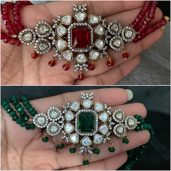 Victorian Green/Red bead short Necklace/ Choker Necklace/Indian Jewelry/ Pakistani Jewelry/Ruby/Emerald short necklace with Victoria pendent