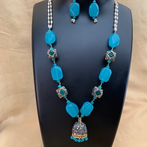Aqua beads necklace single strand/ fancy necklace/ butta pendent/ Victorian pearl necklace/ Valentine’s Day gift/ gift for her