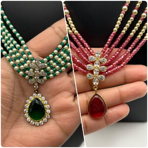 Indian jewelry | Multi Strand CZ Beaded Necklace | Green & Ruby Multi Strand Pearl Mala with Pendant | Traditional Indian Jewelry | Wedding
