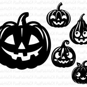 May include: Five black and white pumpkin silhouettes with different facial expressions. The pumpkins have a carved out mouth and eyes.