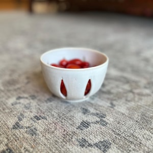May include: A small, white ceramic bowl with three decorative cutouts, filled with bright red cherry tomatoes. The bowl sits on a patterned, neutral-toned rug, creating a simple, natural aesthetic. The bowl's design allows for air circulation.