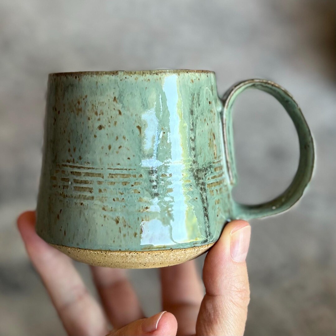 Dusty Teal Speckled Buff Stoneware Mug With Wide Skirt - 10-11 Oz ...