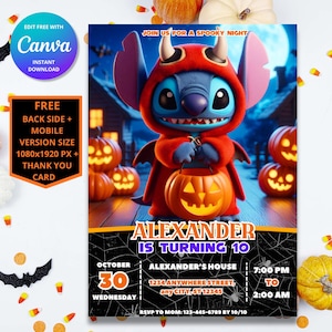 Faire-part d'anniversaire Halloween point modifiable | Faire-part de fête numérique personnalisable Lilo et Stitch pour enfants | Téléchargement instantané et impression