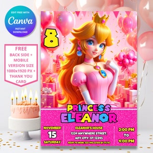 Invito di compleanno della principessa Peach / Invito di compleanno della principessa / Modello digitale di Mario / Invito di compleanno della principessa di Super Mario