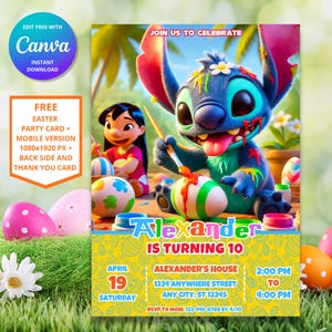 Invitation d'anniversaire de Pâques à point modifiable | Invitation personnalisable de fête de Pâques Lilo and Stitch pour enfants | Téléchargement instantané et impression