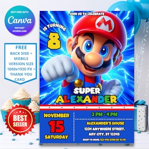 Invitation Super Mario | Invitation d'anniversaire de Super Mario | Modèle Mario Party imprimable modifiable | Invitation numérique de jeu vidéo
