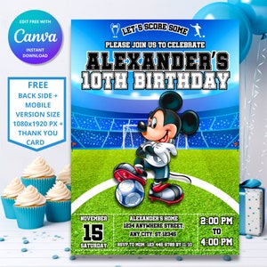 Ensemble d'invitations numériques pour une fête de football Mickey Mouse avec carte de remerciement et invitation par téléphone GRATUITES, modèle sur toile personnalisable