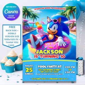 Invitación de cumpleaños de Sonic The Hedgehog: Fiesta en la Piscina / Tema de Sonic The Hedgehog / Fiesta en la Piscina de Sonic / Diseño digital personalizable y editable