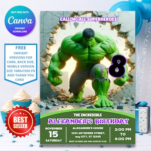 Convite de aniversário do Hulk editável | Festa temática do Hulk | Festa de aniversário de super-heróis | Convite digital para festa infantil | Convite para impressão