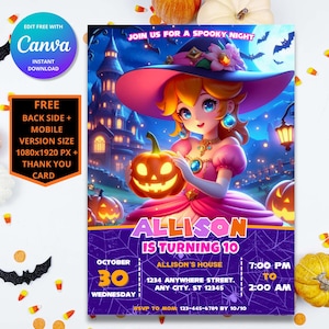 Invito di compleanno di Halloween della principessa Peach / Invito di compleanno della principessa / Modello digitale di Mario / Invito di compleanno della principessa di Super Mario
