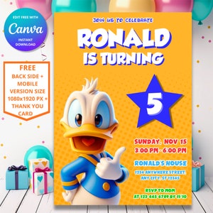 Editable Donald Duck Birthday Invitation | Customizable Digital Donald Duck Party Invite For Kids | Instant Download & Printable