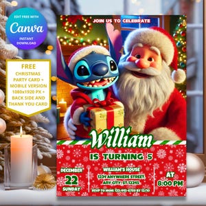 Faire-part d'anniversaire de Noël au point modifiable | Faire-part de Noël personnalisable Lilo and Stitch pour enfants | Téléchargement instantané et impression