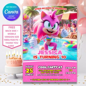 Invitation d'anniversaire de fête à la piscine d'Amy Rose | Thème Sonic le hérisson | Soirée sonique à la piscine | Conception numérique modifiable personnalisable