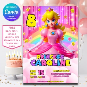 Invito di compleanno della principessa Peach / Invito di compleanno della principessa / Modello digitale di Mario / Invito di compleanno della principessa di Super Mario