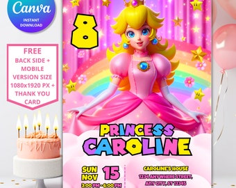 Princess Peach verjaardagsuitnodiging | Bewerkbare Mario-sjabloon (digitale download)