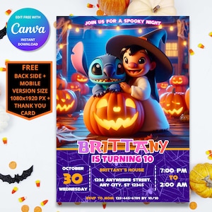 Faire-part d'anniversaire Halloween Lilo et Stitch modifiable | Faire-part personnalisable numérique Lilo et Stitch | Téléchargement instantané et impression