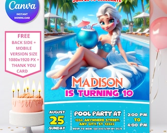 Gefrorene Pool-Party Einladung | Elsa & Anna Einladung zum Geburtstag (Digitaler Download)
