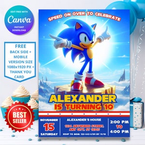 Sonic Geburtstagseinladung | Sonic The Hedgehog Thema | Digitale Kinder Party einladen | Anpassbares bearbeitbares Design