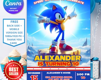 May include: Blue and red birthday invitation featuring Sonic the Hedgehog. The invitation says "Speed on over to celebrate Alexander is turning 10". The invitation includes the date, time, and location of the party.