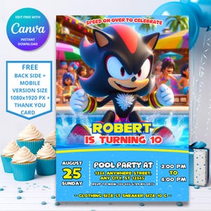 Invito di compleanno per la festa in piscina di Sonic Shadow / Tema Sonic The Hedgehog / Festa in piscina di Sonic / Design digitale personalizzabile e modificabile