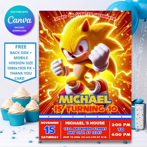 Invitation d'anniversaire Sonic Speed Ultimate | Thème Sonic le hérisson | Invitation fête d'enfants numérique | Design modifiable personnalisable | Super sonique