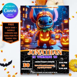 Faire-part d'anniversaire Halloween point modifiable | Faire-part de fête numérique personnalisable Lilo et Stitch pour enfants | Téléchargement instantané et impression