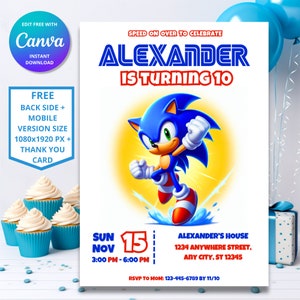 Invitation d'anniversaire Sonic Speed Ultimate | Thème Sonic le hérisson | Design modifiable personnalisable | Invitation numérique à une fête d'enfants