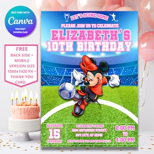 Digitale uitnodigingsset Minnie Mouse voetbalfeest met GRATIS bedankkaart en telefoonuitnodiging, aanpasbare canvassjabloon