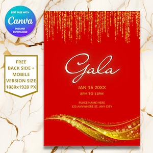 Può includere: Un invito a una gala rosso e oro con il testo "Gala" in corsivo bianco. La data è il 15 gennaio 20XX e l'ora è dalle 20:00 alle 23:00. Il luogo è "PLACE NAME HERE" e l'indirizzo è "123 ANYWHERE ST, ANY CITY".