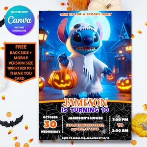 Faire-part d'anniversaire Halloween point modifiable | Faire-part de fête numérique personnalisable Lilo et Stitch pour enfants | Téléchargement instantané et impression