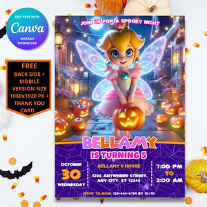 Prinzessin Peach Halloween-Geburtstagseinladung | Prinzessin Geburtstag einladen | Mario Digitale Vorlage | Super Mario Prinzessinnen Geburtstagseinladung