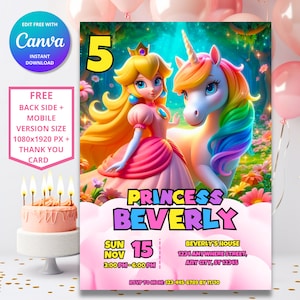 Invito di compleanno unicorno principessa Peach / Invito di compleanno principessa / Modello digitale di Mario / Invito di compleanno principessa di Super Mario