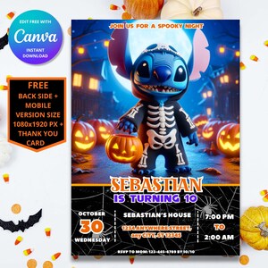 Faire-part d'anniversaire Halloween point modifiable | Faire-part de fête numérique personnalisable Lilo et Stitch pour enfants | Téléchargement instantané et impression