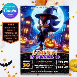 Invitation d'anniversaire Halloween Sonic Shadow | Thème Sonic le hérisson | Invitation fête d'enfants numérique | Design modifiable personnalisable
