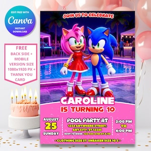 Può includere: Un invito di compleanno digitale con Sonic the Hedgehog e Amy Rose vicino a una piscina. Il testo recita: JOIN US TO CELEBRATE, CAROLINE IS TURNING 10, POOL PARTY AT 1234 ANYWHERE STREET, ANY CITY, ST 12345, AUGUST 25 SUNDAY, 2:00 PM TO 4:00 PM.