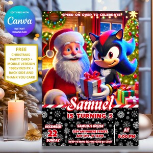 Invitation d'anniversaire de Noël Sonic Shadow | Thème Sonic le hérisson | Fête de Noël sonique | Conception numérique modifiable personnalisable