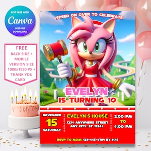 Invitation d'anniversaire Sonic Amy Rose de Zazzle.be Liste d'envies Vous avez des idées ? Thème Sonic le hérisson | Invitation fête d'enfants numérique | Design modifiable personnalisable