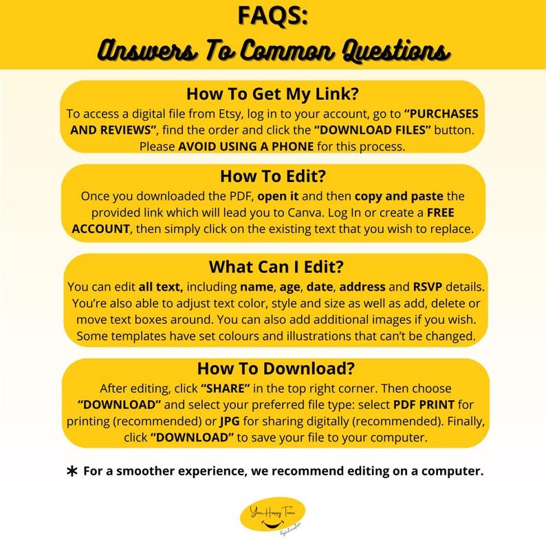 May include: A yellow and white graphic with the text "FAQs: Answers To Common Questions". The graphic provides instructions on how to access, edit, and download digital files from Etsy.