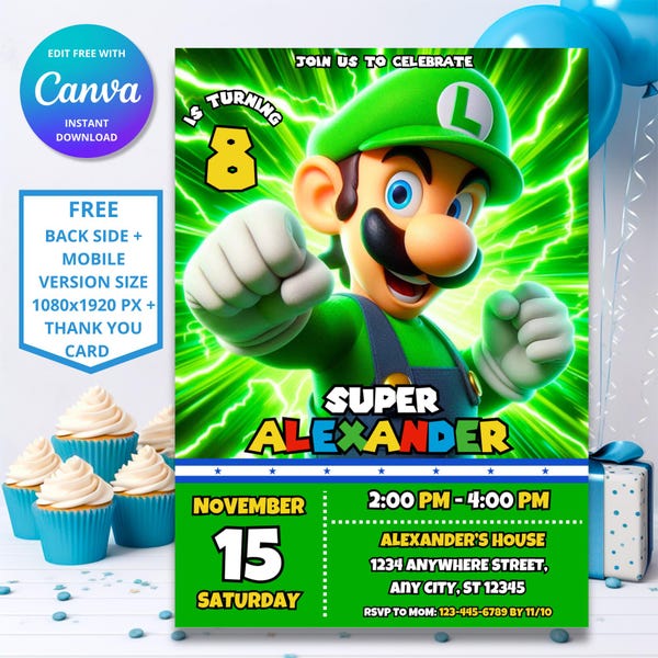 Luigi Birthday Invitation | Super Mario Party, Editable Template (Digital)