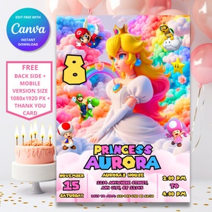 Prinzessin Peach Geburtstagseinladung | Mario Digitale Vorlage | Prinzessin Geburtstag einladen | Super Mario Prinzessinnen Geburtstagseinladung