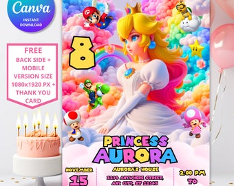 Princess Peach verjaardagsuitnodiging | Bewerkbare Mario-sjabloon (digitale download)