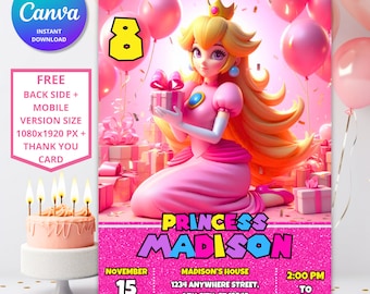 Princess Peach verjaardagsuitnodiging | Bewerkbare canva-sjabloon (digitale download)