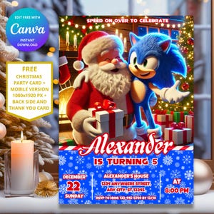 Invitation d'anniversaire de Noël Sonic Speed Ultimate | Thème Sonic le hérisson | Fête de Noël sonique | Conception numérique modifiable personnalisable