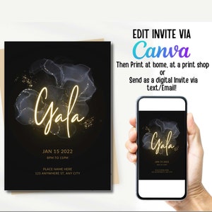 May include: An editable black and gold digital invitation with a smoky design and the text "Gala" and "Jan 15 2022 8PM to 11PM". The invitation also includes the text "Place Name Here 123 Anywhere St. Any City".