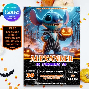 Faire-part d'anniversaire Halloween point modifiable | Faire-part de fête numérique personnalisable Lilo et Stitch pour enfants | Téléchargement instantané et impression